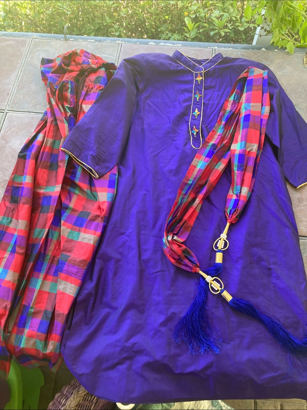 Purple Formal Kurta with Red Plaid Dupatta